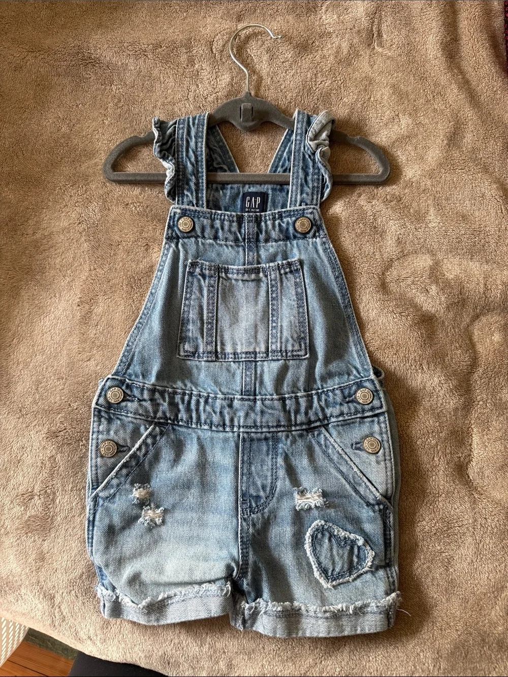 GAP Light Denim Ruffle-Strap Short Overalls